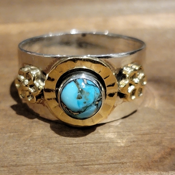 Vintage Jewelry - Native Copper Turquoise Stone Gemstone 14k Gold Ring Size 8 Boho Jewelry